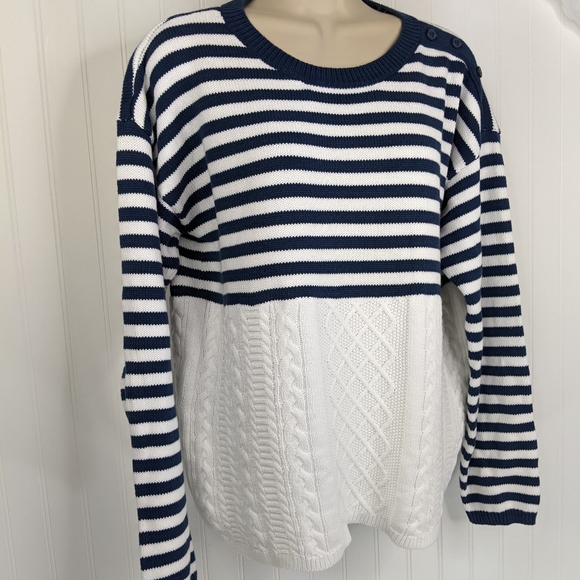 ORVIS Navy White Preppy Stripe Cable Knit Sweater Sz L - Picture 8 of 15